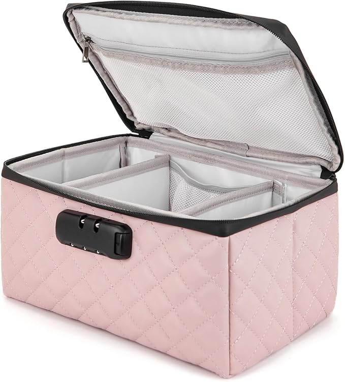 Portable makeup box with Lock, Large Capacity Travel Makeup Case Organizer, Makeup Bags for Girls Traveling With Handle and Divider Makeup Bag (Pink)