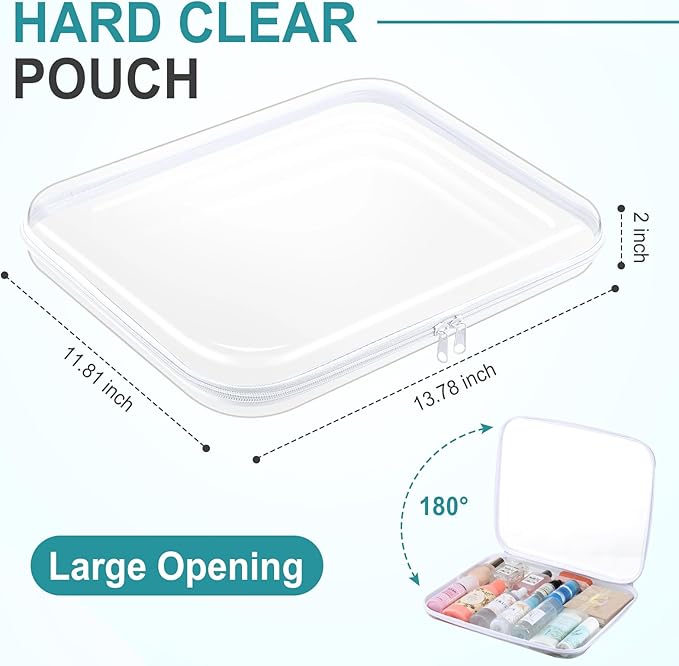 Hoolerry 4 Pcs Hard Clear Zipper Case Makeup Bags Plastic Zipper Pouch Transparent Storage Box Containers for Cosmetics, Snacks, Building Blocks, Puzzles(Clear,13.8 x 11.8 x 2 in,White)