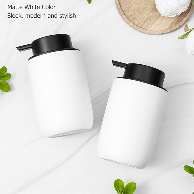 Foaming Soap Dispenser Thick Ceramic Foam Hand Soap Dispenser for Bathroom or Kitchen Sink, Liquid Pump Bottles for Hand soap, Body Wash, 2 Pack White