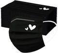 50pcs Cute Disposable Face Masks, Pink And Black Masks with Hearts Printed, 3-Ply Full Face Protection for Women Teen Girls