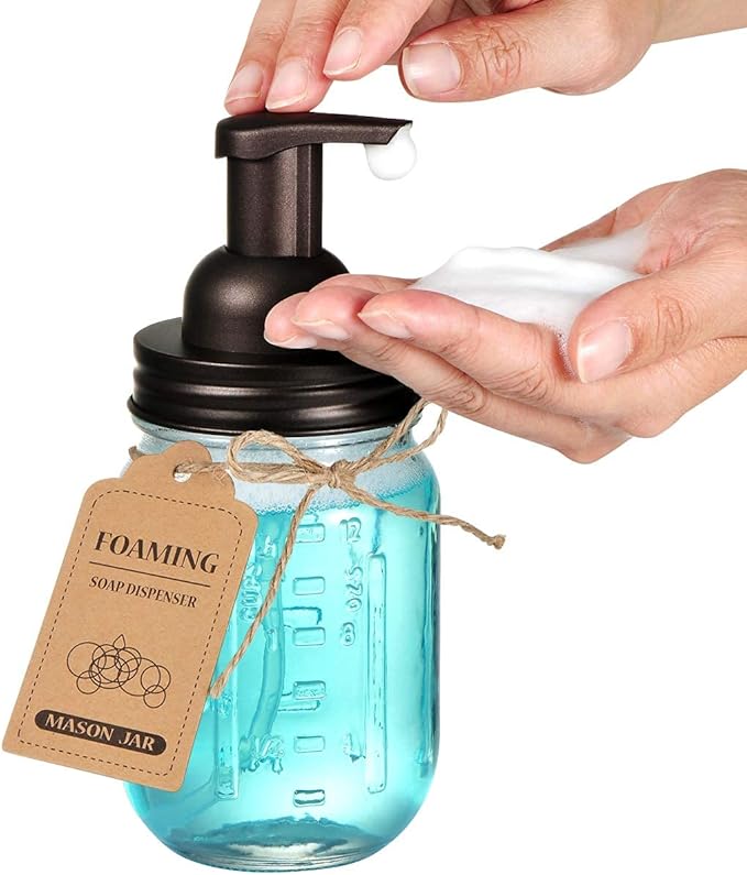 Amolliar Mason Jar Foaming Soap Dispenser, Rustproof Stainless Steel Lid, BPA Free Foam Pump, Waterproof Labels, Rustic Farmhouse Decor Refill Hand Soap Dispenser Bathroom Accessories– Bronze (2 Pack)
