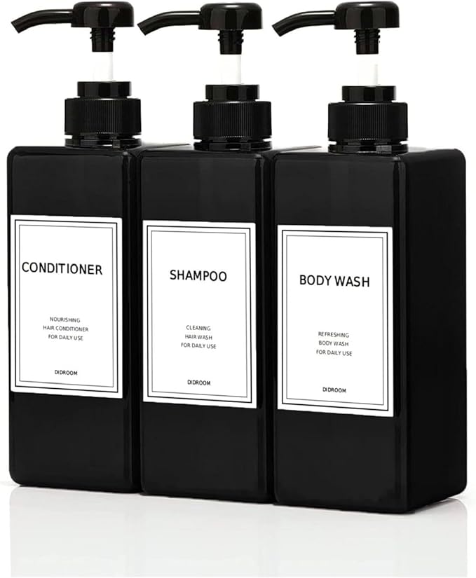 Modern Shampoo and Conditioner Dispenser (21 oz, Pack of 3) Refillable Pump Bottle Set Empty Shower Plastic Bottles with Pump for Bathroom Body Wash Soap and Shower