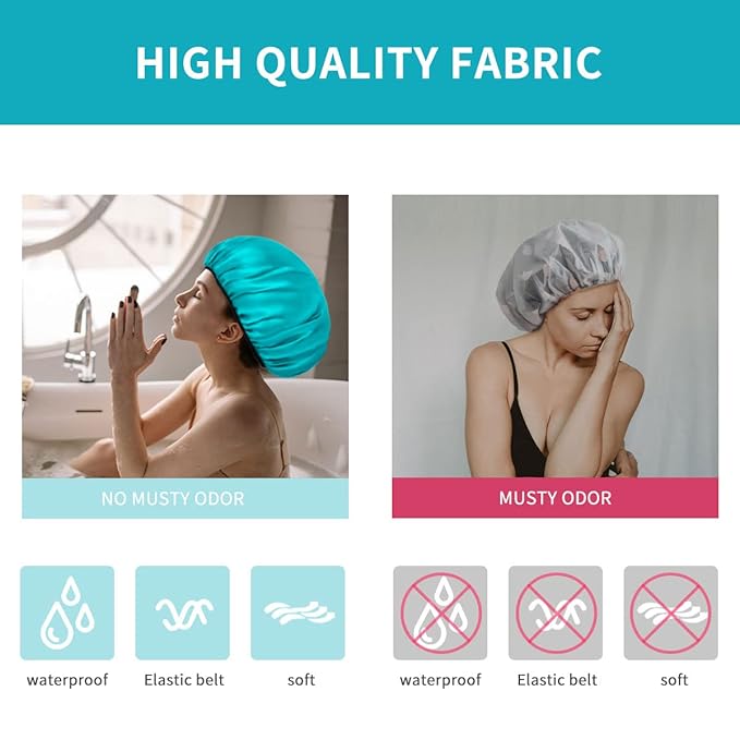 Aquior Shower Cap for Women Reusable, Extra Large Shower Cap for Men,Satin EVA Double Layer Waterproof Hair Cap For Long Hair, 4 Pieces