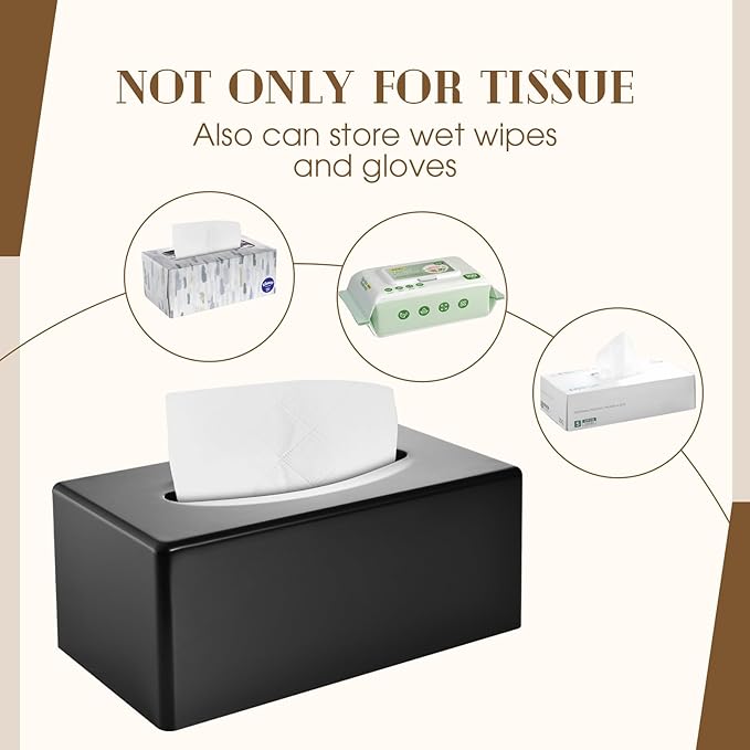 Tissue Box Cover, Rectangular Facial Tissue Holder with Bottom, Decorative Storage Organizer Box for Bathroom Vanity, Countertops, Dressers, Night Stand, Parlors and Offices - Black