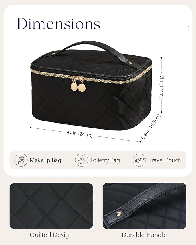 Prite Makeup Bag, Large Capacity Portable Travel Cosmetic Bag, Waterproof Makeup Organizer for Women with Handle and Divider (003 Black Rhombus)