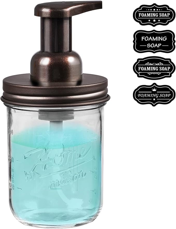 SheeChung Mason Jar Foaming Soap Dispenser, Glass Foaming Hand Soap Dispensers, Stainless Steel Lid, Refillable Foam Soap Dispenser for Bathroom Kitchen, Farmhouse Bathroom Decor (1 Pack, Bronze)