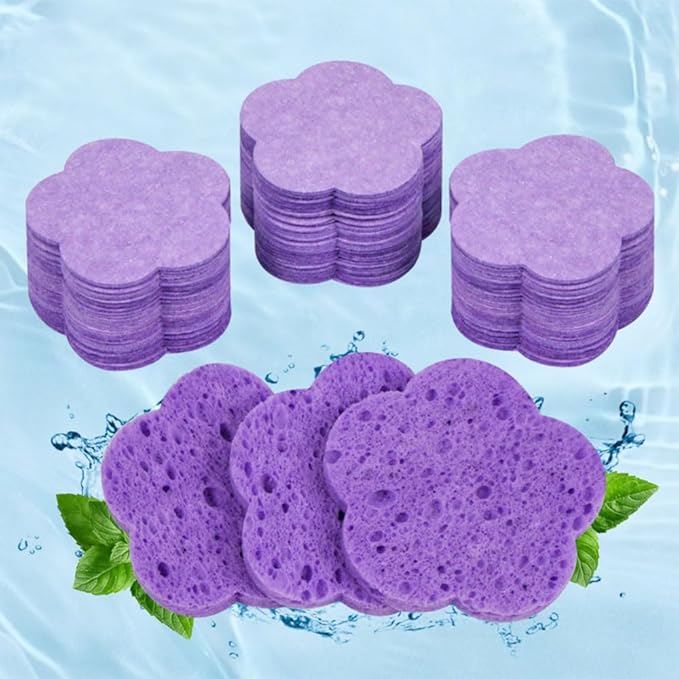 50-Count Facial Sponges, Natural, Modern Flower Shape, Purple, Reusable, Exfoliating, Cleansing, Makeup Gift