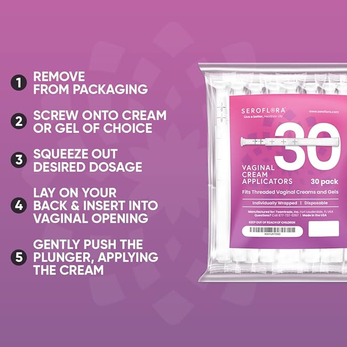 Seroflora Disposable Vaginal Cream Applicators - Fits Premarin, Estrace, Preseed and Most OTC Gels, Lubricants, and Creams - Threaded End, Comfort Tip, and Dosage Markings (30 Pack) Made in USA.