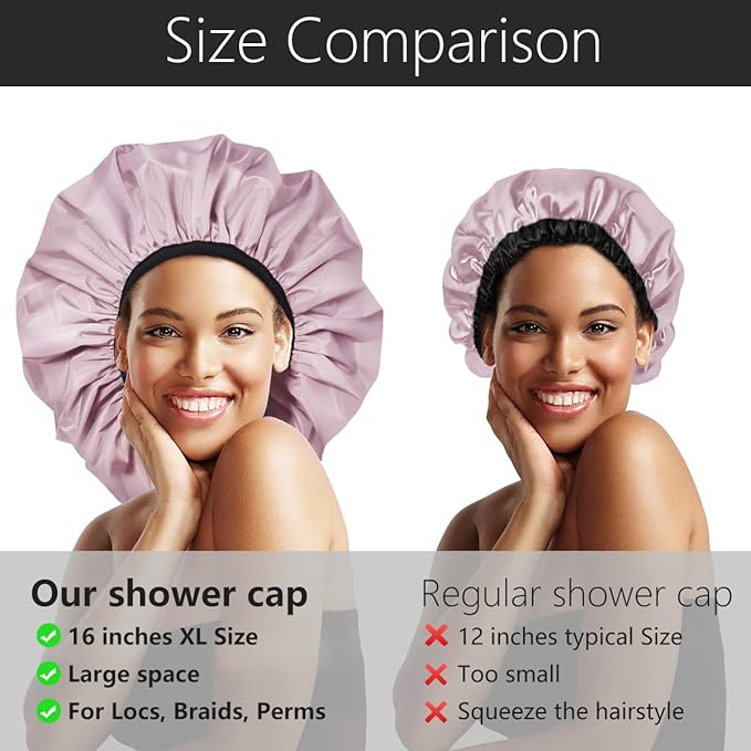 Auban Extra Large Shower Cap, Double-Layer Waterproof Reusable, XL Satin Lining Shower Bonnet for Women Thick, Long Hair, Locs, Braids(Pink)