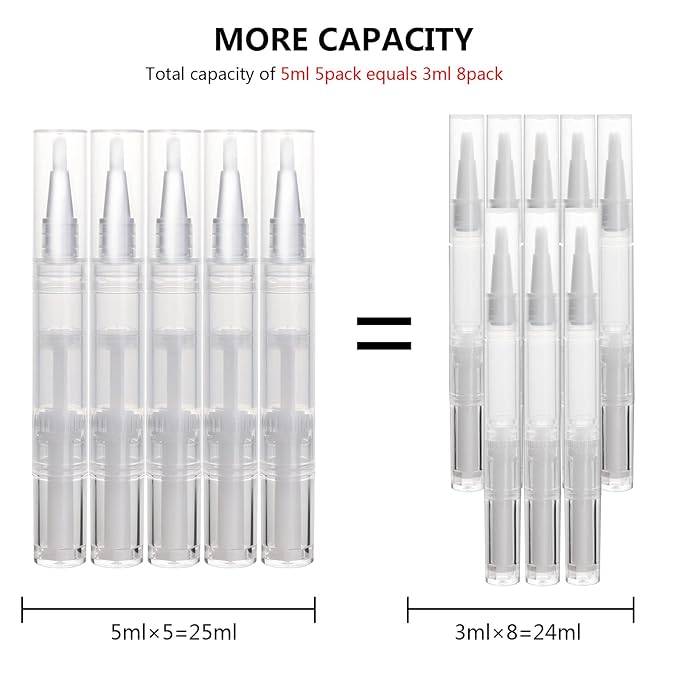 5 pack 5ml Transparent Twist Pen for Cuticle Oil Applicator, Empty Nail Oil Pen with Brush Tip, Eyelash Growth Liquid Tube, Cosmetic Lip Gloss Container (5x)