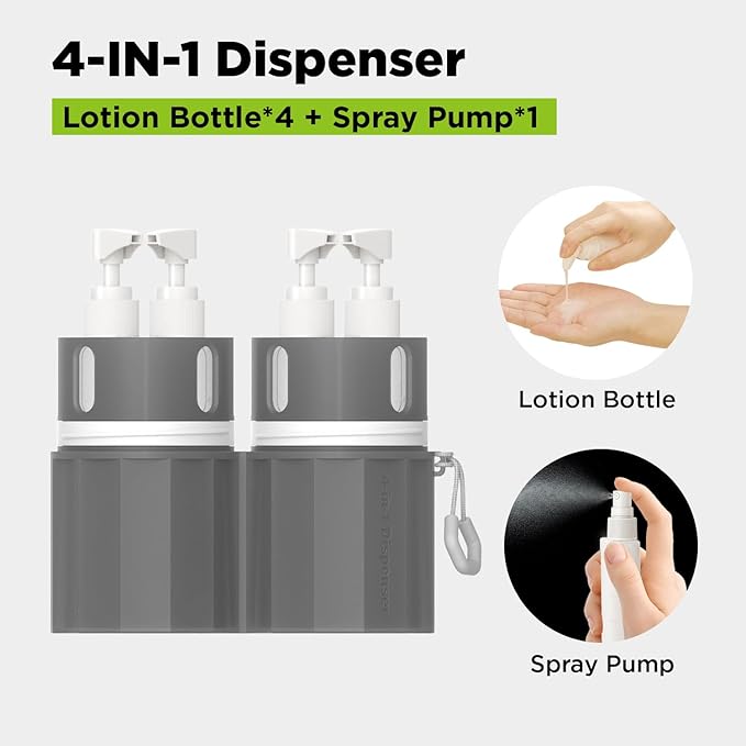 4 in 1 Travel Dispenser Bottle, TSA Approved Refillable Shampoo and Conditioner Bottles Set with Suction Cup for Smooth Walls, Travel Size Toiletries Container for Body Wash/Lotion.(Grey)
