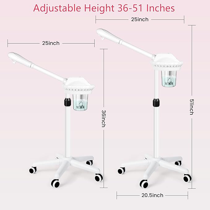 Professional Facial Steamer, Esthetician Steamer on Wheels, Stand Face Steamer for Facial Deep Cleaning and Hydration, Steamer for Facial for Personal Care or Beauty Spa or Salon, White