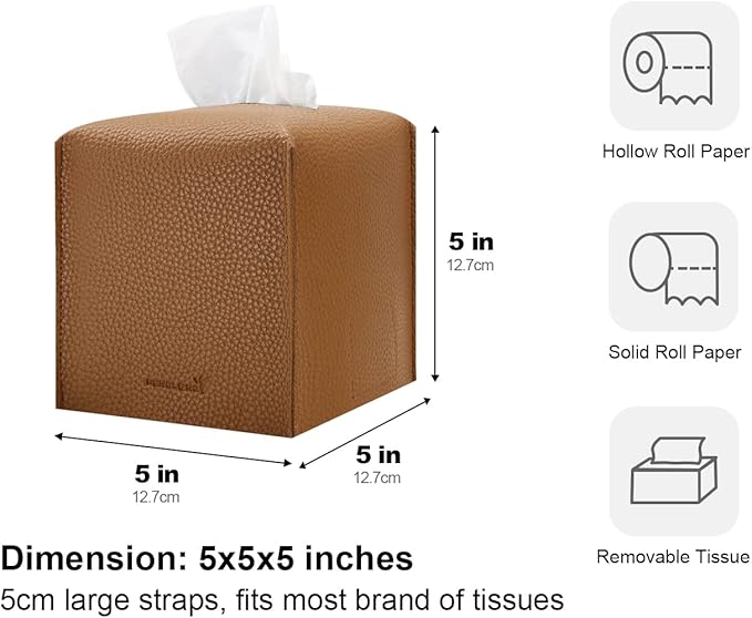 Tissue Box Cover 5X5X5'' PU Leather Tissue Holder Square Tissue Cube Box Organizer for Bathroom Vanity Countertop, Car, Night Stands, Office, Home, Kitchen (1Pack, Brown)