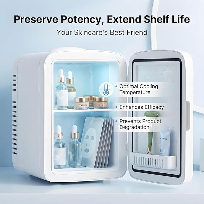 Lispin 4L Mini Skincare Fridge with Dimmable LED Mirror, Portable Beauty Refrigerator for Makeup, Cosmetic, Personal Small Refrigerator with Cooler and Warmer for Bedroom, Office and Car (White-4L)