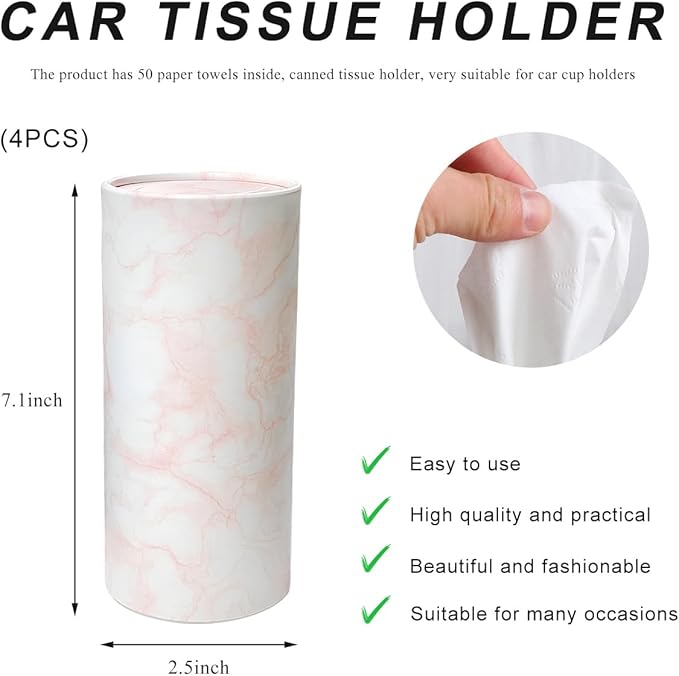 4PCS Car Tissue Holder, Car Cup Holder Convenient Travel Tissue Tube Box with Facial Tissues, Portable Round Tissues Holder Paper Towel Cylinder for Car Home Office (Marble Pink)