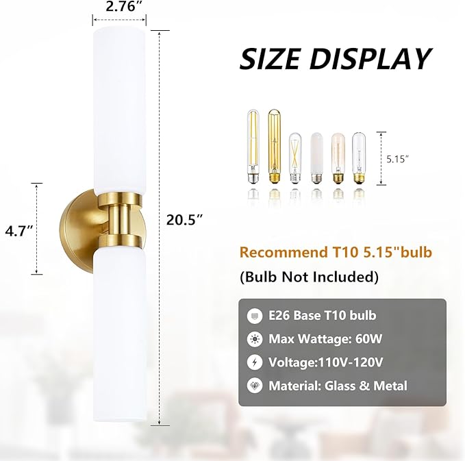 2 Light Brushed Brass Gold Bathroom Light Fixture Over Mirror, Modern Farmhouse Bathroom Vanity Lights with Milky White Frosted Glass Shade, Wall Sconce for Hallway Cabinet Bedroom Porch
