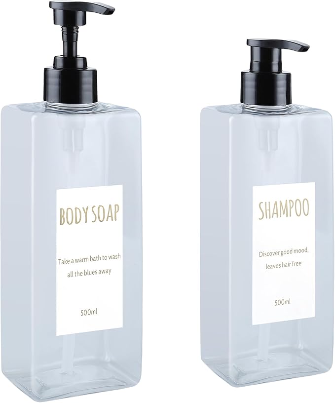 Shampoo and Conditioner Dispenser (Set of 2, 16.9oz) Modern Refillable Shampoo Pump Bottles for Shower Soap - Empty Body Wash Dispenser Set for Bathroom (Transparent)