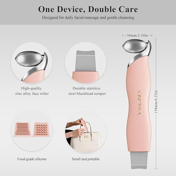 3-in-1 Blackhead Remover Tool with Ice Roller & 2 Silicone Brush Heads - Pore Cleaning Face Spatula, Stainless Steel Skin Scraper for Nose, T-Zone Deep Cleansing (Dusty Rose)