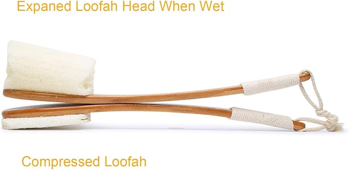 Leotruny 100% Natural Exfoliating Loofah with Long Wooden Handle Shower Back Brush (Off-White (2 Pack))