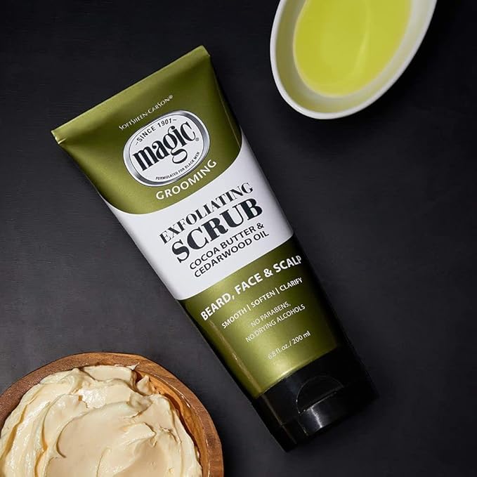 SoftSheen-Carson Magic Men's Grooming Facial Exfoliating Scrub, Softens, Smooths and Clarify, With Cocoa Butter and Cedarwood Oil for Beard, Skin and Scalp, 6.7 fluid ounces