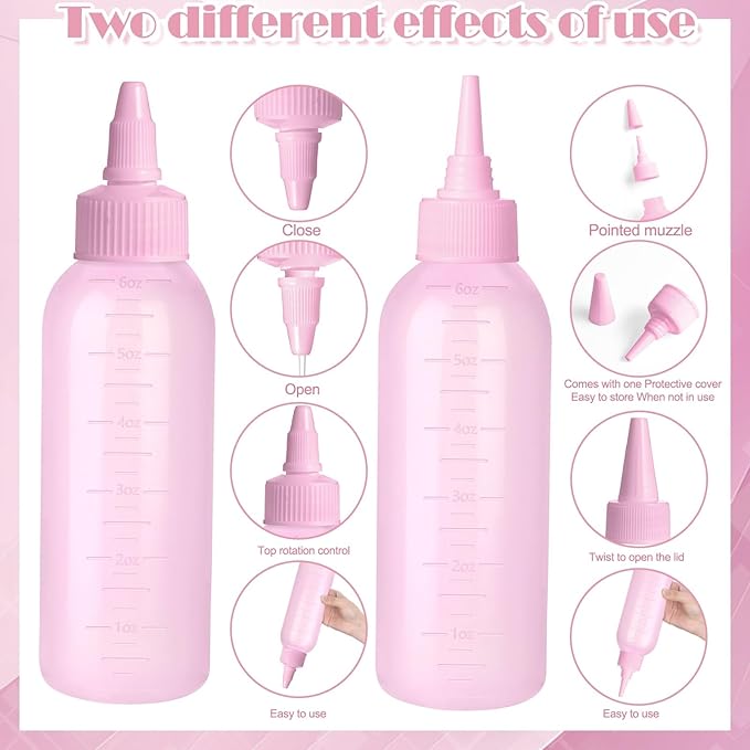 Root Comb Applicator Bottle Oil Applicator for Hair Dye Hair Oiling Bottle with 2 Type Caps and Graduated Scale, 6 Ounce (Pink)