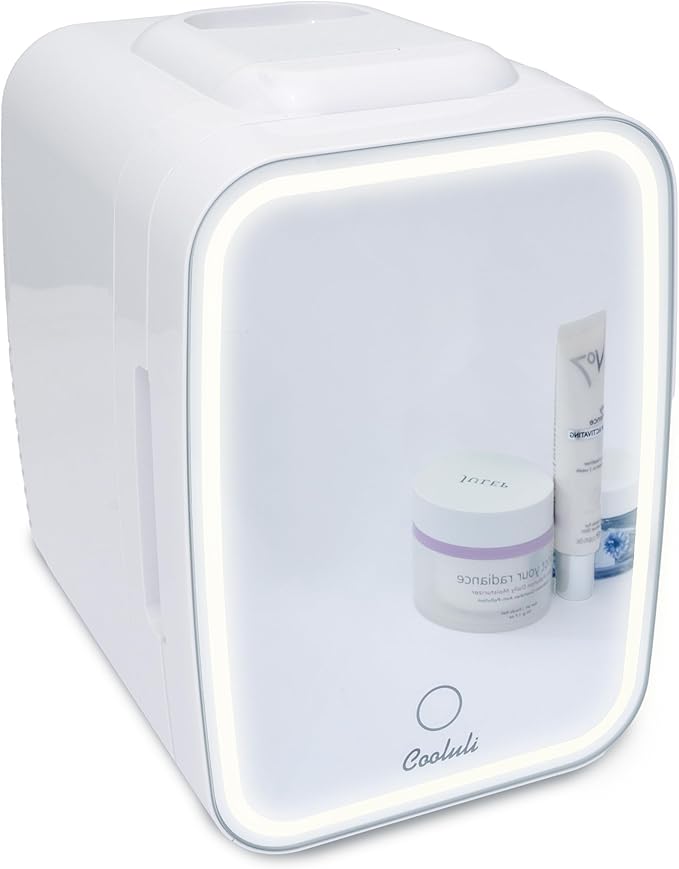 Cooluli Glow 4L Mini Skincare Fridge with Mirror & LED Light - Small Refrigerator for Skin Care, Makeup, Food & Drinks - Portable Mini Fridge for Bedroom & Office, 100-240V, White Mirror LED