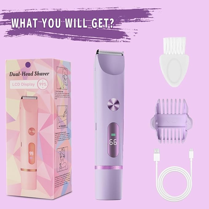 Bikini Trimmer for Women, 2 in 1 Electric Shaver for Women, Rechargeable Electric Razor Body Hair Trimmer Wet & Dry Use, Purple