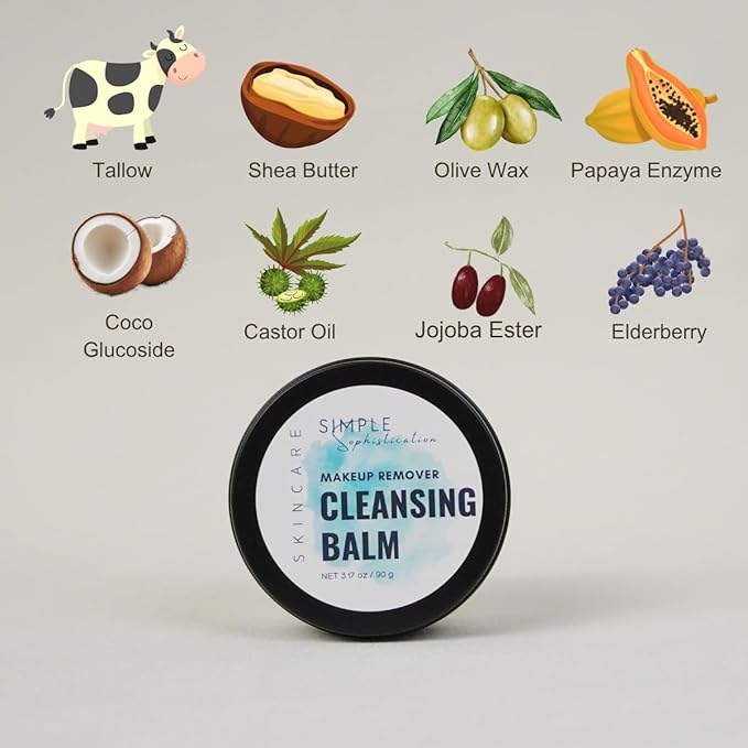 Tallow Cleansing Balm - With Grass-fed Beef Tallow, Papaya Enzyme | Waterproof Makeup Remover Balm | Natural Face Cleanser Oil | Sulphate Free | for sensitive skin, MADE IN USA - 3.17 oz/ 90 g