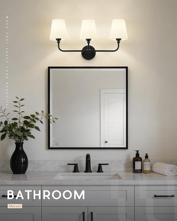 Bathroom Light Fixtures, 3-Light Matte Black Vanity Lights with Flared Beige Fabric Shade, Vintage Sconces Wall Lighting for Hallway Bedroom, VL837-MB-B-3