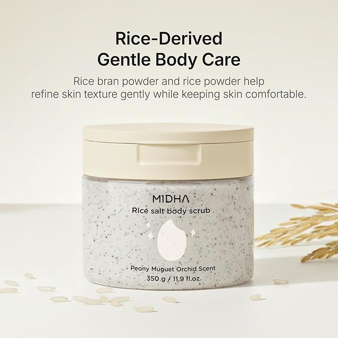 MIDHA RICE SALT BODY SCRUB, 1.69fl.oz/50ml, Gentle Exfoliating Body Polish with Rice Bran & Natural Salt, Nourishing & Hydrating Korean Rice Body Scrub, Rice Bran & Apricot Seed Exfoliating Body Scrub
