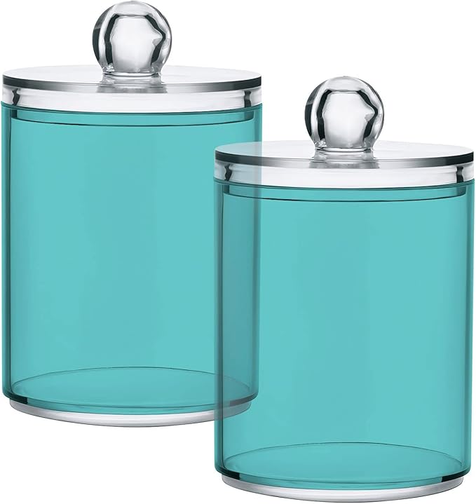 Pale Turquoise Qtip Holder Organizer Dispenser Cotton Swabs Cans Plastic Jars with Lid Set 2 Pack Bathroom Storage Canister for Cotton Ball Floss Cotton Pads