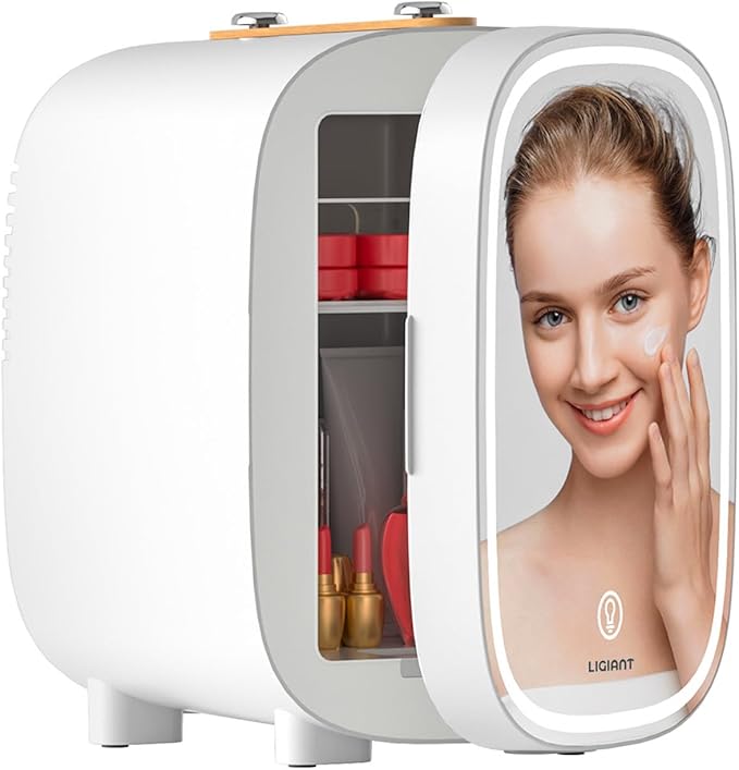 DF01A Skincare Fridge, With 3-Level Dimmable LED Light Mirror, Low Noise Mini Fridge, 4L Large Capacity, Cooler & Warmer, Portable Design for Multiple Uses - Bedroom, Office, and Travel