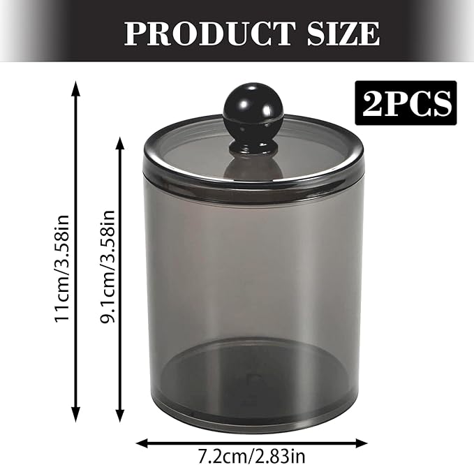 2 Pack Cotton Buds Dispenser, Pad Holder, 10 oz Clear Black Cotton Swab Holder Round Holder, Apothecary Jar Set Canister Storage Organization for Ball, Round Pads, Floss