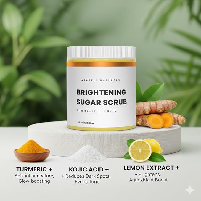Turmeric & Kojic Acid Sugar Scrub – Brightening & Exfoliating Body Scrub for Glowing Skin, Dark Spot Remover, Hyperpigmentation Treatment, Natural Skincare for Face & Body – 8 oz