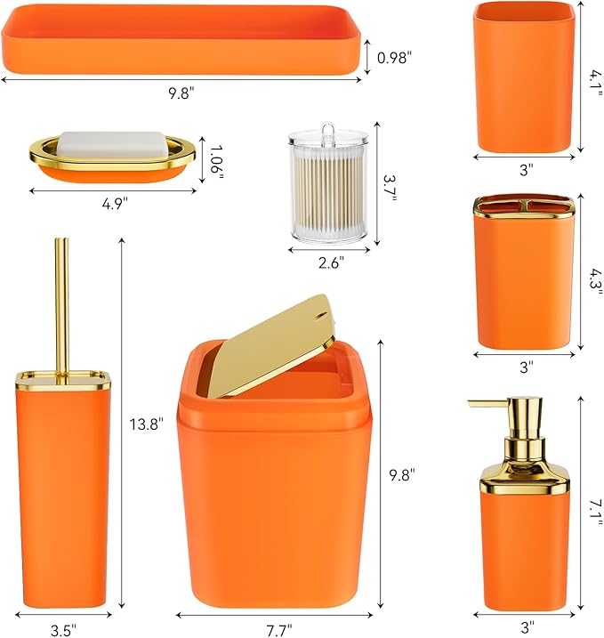 Bathroom Accessories Set - Luxury Orange Bathroom Set, 9 Pieces Bathroom Accessory Set, Orange Bathroom Accessories with Trash Can, Toilet Brush & Soap Dispenser