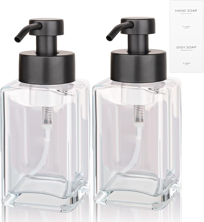 Foaming Soap Dispenser with Stainless Steel Pump, 12oz Refillable Glass Liquid Dish Soap Bottles for Bathroom, Kitchen Sink, Home Decor, 2 Pack