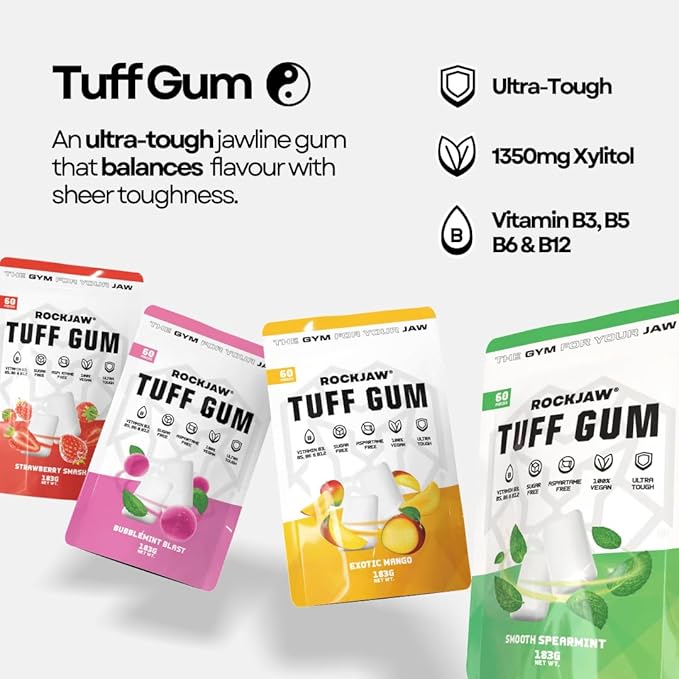 ROCKJAW® Jawline Gum - Tuff Gum 2.0 with B Vitamin Complex - 100% Xylitol, Aspartame Free, Sugar Free - Exotic Mango (Stim-Free) - 2 Months Supply