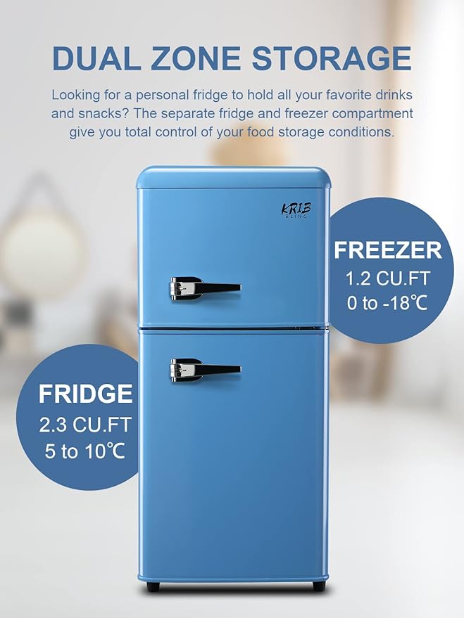 Mini Fridge Compact Refrigerator Small Refrigerator 7 Level Adjustable Thermostat Removable Shelves with Stainless Steel 2 door for Office Dorm Apartment 3.5 Cu.Ft Blue