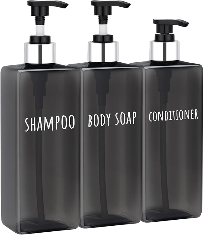 Segbeauty 16.9oz Empty Black Hand Soap Dispensers, 3pcs Large Plastic Lotion Pump Bottle, Refillable Square Pump Bottles for Shampoo and Conditioner, 500ml Pre-printed Bathroom Body Wash Gel Container