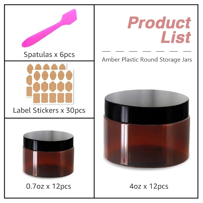 4oz Plastic Jars with Lids 4 oz Amber Plastic Containers with Lids + 20g Sample Containers (Set of 24) Airtight Container for Lip Scrub, Body Butters, Cream, Slime, Craft Storage