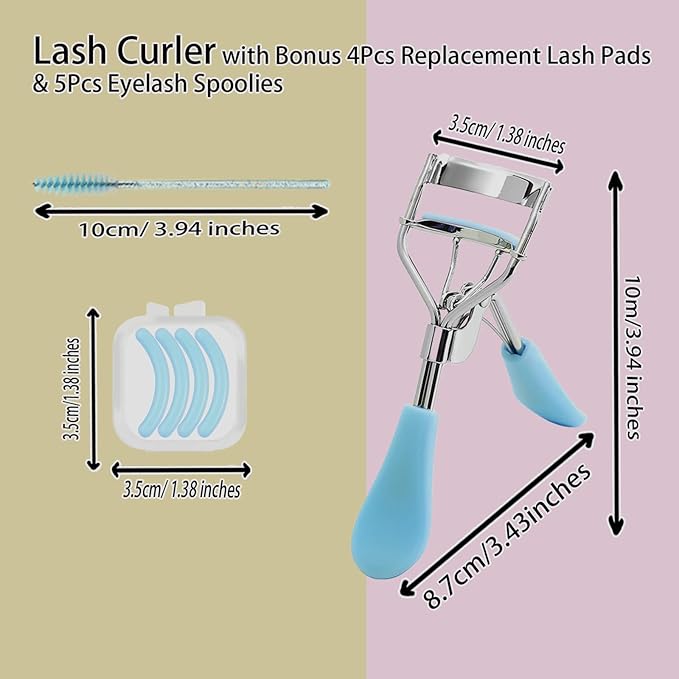 BenePoint Eyelash Curler, Lash Curler with Bonus 4Pcs Replacement Lash Pads& 5Pcs Eyelash Spoolies, Eyelash Curler Kit Portable Travel Eyelash Curler for Eyelash Extension (Blue)