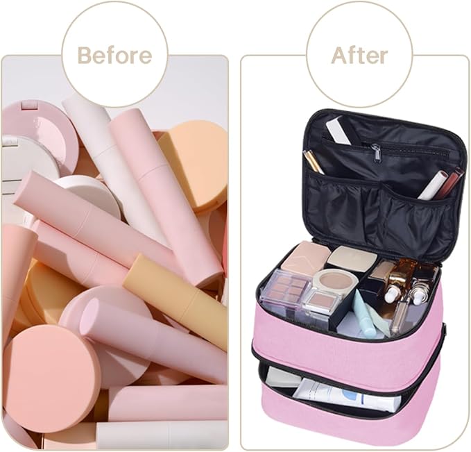 Double Layer Makeup Bag Portable Large Cosmetic Case Organizer with Adjustable Dividers Storage Travel Bag for Accessories Brushes Conditioner and Skin Care Products (Pink)