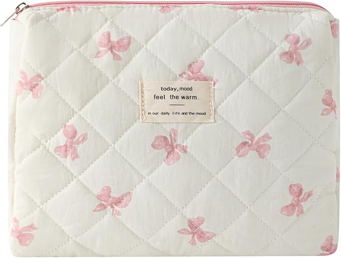 uekeboag Quilted Cotton Makeup Bag,Coquette Quilted Toiletry Bag for Women and Girls,Floral Coquette Pouch,Cute Kawaii Travel Cosmetic Bags(06Little Pink Bow)