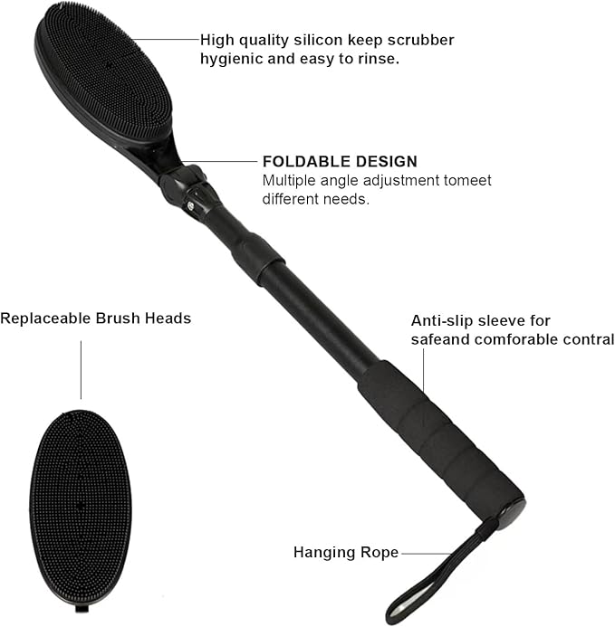 EASACE Back Scrubber for Shower, Soft Silicone Bath Body Brush with Long Handle, Adjustable Head with 1 Extra Replacements