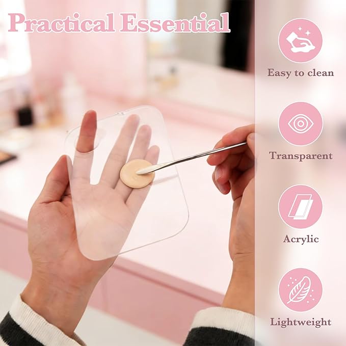WCHOSOZH 6Pcs Acrylic Makeup Mixing Palette, Makeup Tray with 6 Metal Spatula Tool Set, Clear Foundation Mixing Palette for Beauty Cosmetic Color Liquid Artist Pigment Blending