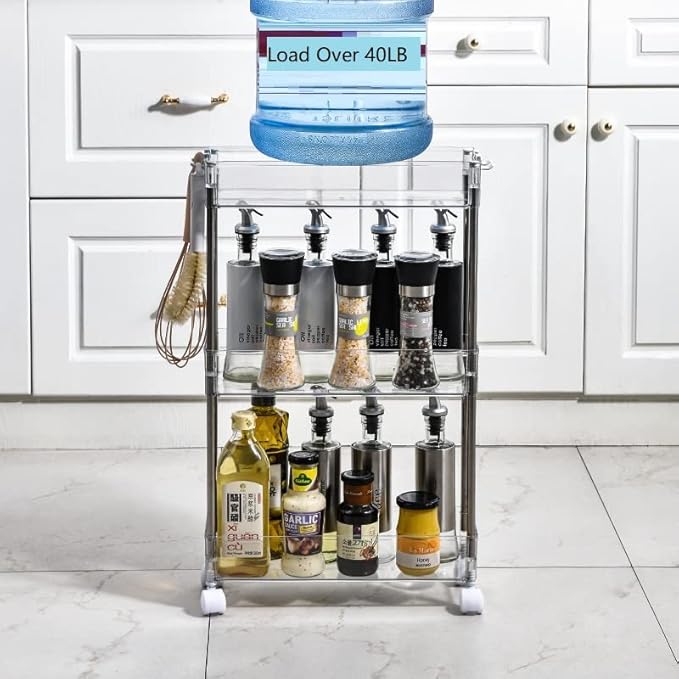 Chris.W Slim Storage Cart 3 Tier with Wheels, Clear Bathroom Cart Organizer, Mobile Shelving Unit Rolling Utility Cart, Slide Out Organizer for Kitchen, Bathroom, Laundry, Narrow Places, Office - 8" W