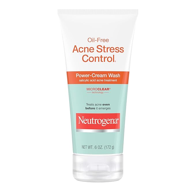Neutrogena Oil-Free Acne Stress Control Power-Cream Face Wash with 2% Salicylic Acid Acne Treatment Medication, Soothing Daily Acne Facial Cleanser for Acne-Prone Skin Care, 6 foz
