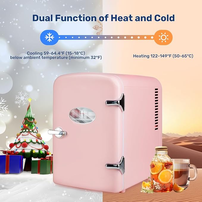 HealSmart Mini Fridge Portable 4 Liter/6 Can with Observation Window, Cooler&Warmer Small Desk Compact Refrigerator for Skin Care, Cosmetics, Beverage, Food in Bedroom, Car, Office, Dorm, Pink
