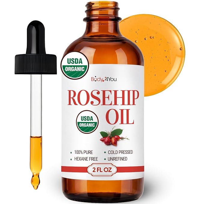 BodyJ4You Rosehip Oil for Face - 100% Pure Natural USDA Organic Cold Pressed - Hydrating Skin Hair Nails Anti-Aging Wrinkle Scar Treatment Gua Sha - Non-GMO Undiluted Carrier - Glass Bottle 2 Fl Oz