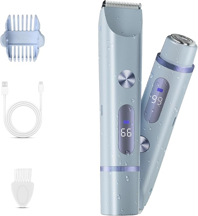 Bikini Trimmer for Women, 2 in 1 Electric Shaver for Women, Rechargeable Electric Razor Body Hair Trimmer Wet & Dry Use, Blue